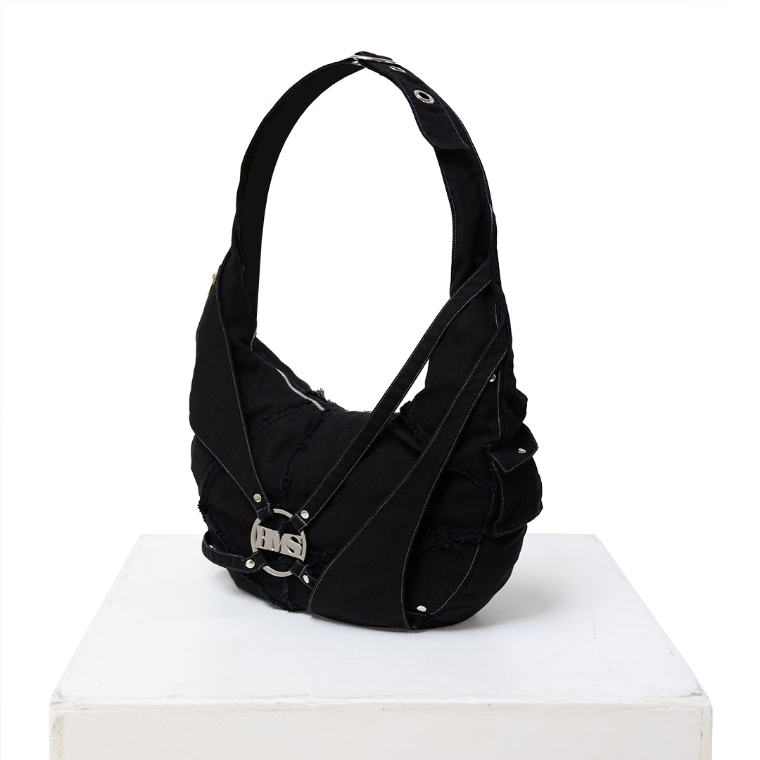 Side view of our apocalyptic hobo bag unisex in black optic. Even wearable as a crossbody bag